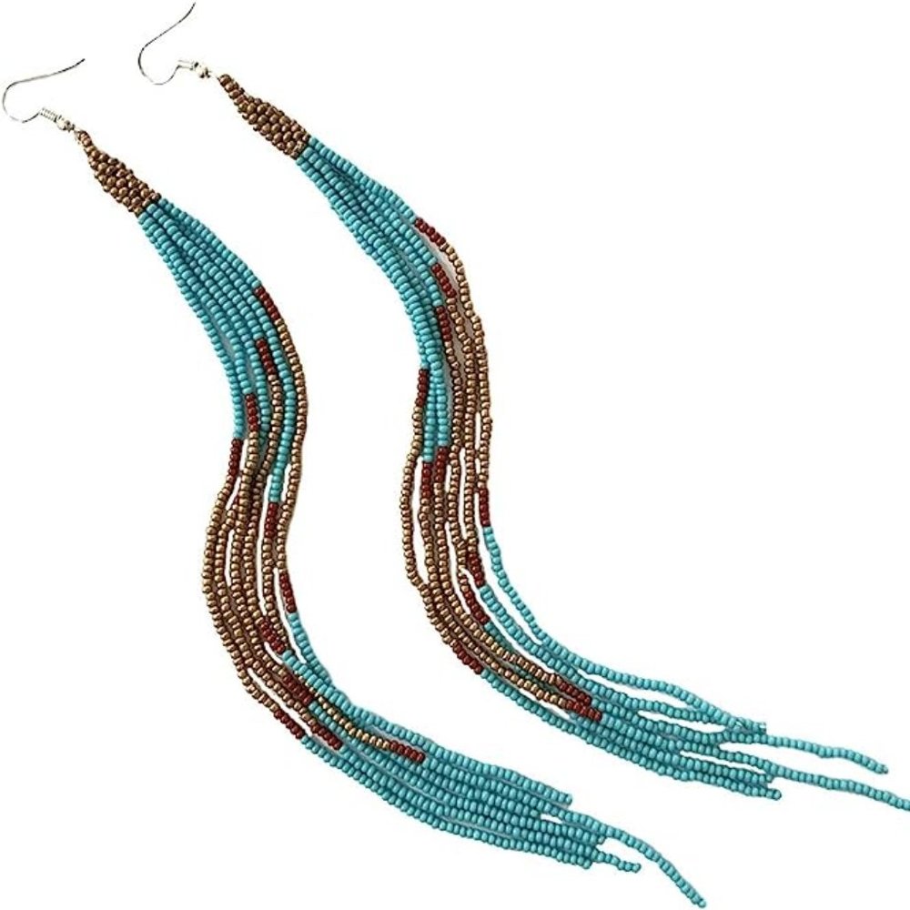 Long 9 Inch Turquoise Blue Bronze Beaded Tassel Earrings Aqua Dangle Statement
